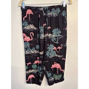 Vintage Passions-I Tropical Flamingo bead  Embellished Cropped Pants Black Pink